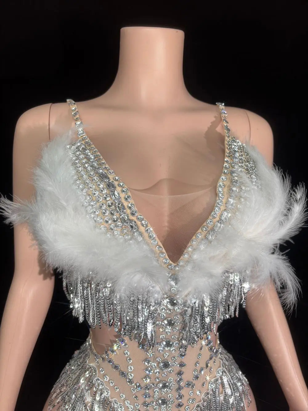 Sparkly Rhinestone Sequin Feather Bodysuit Showgirl Stage Performance Leotard