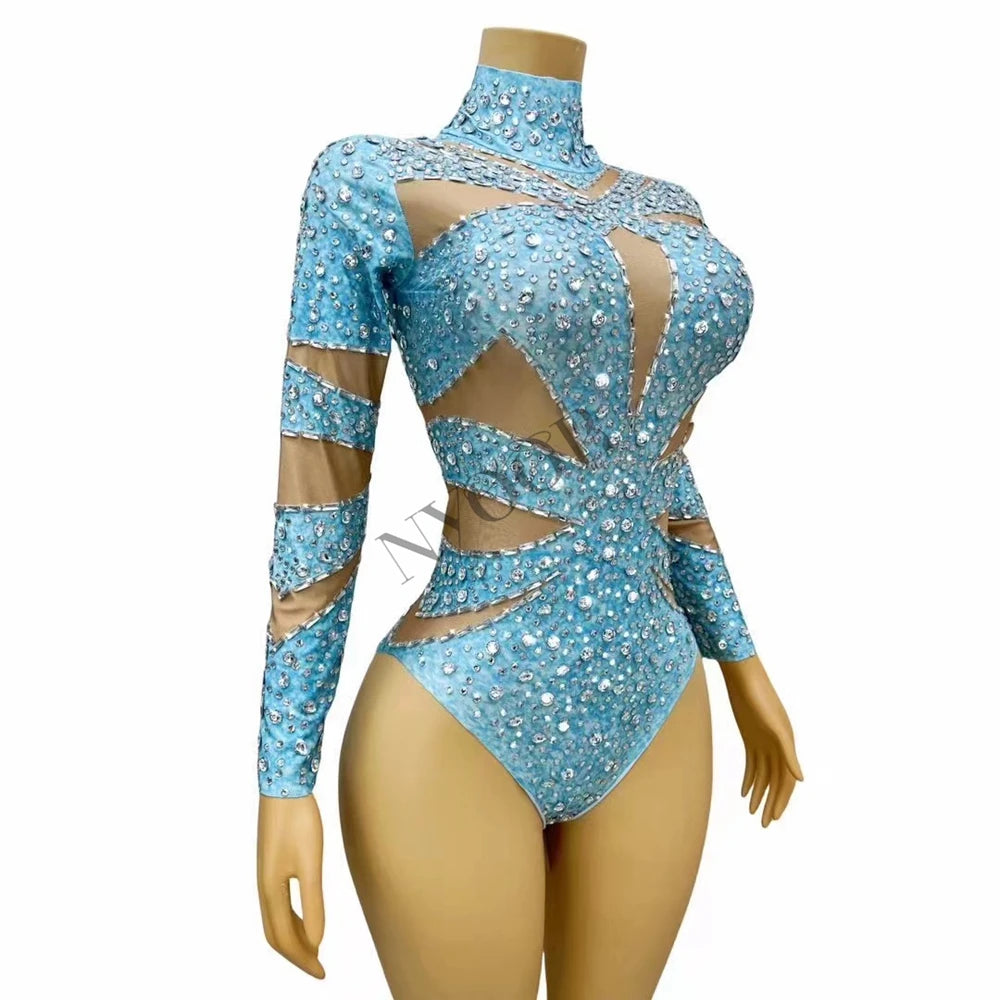 Sparkly Rhinestone Long Sleeve Cutout Bodysuit Stage Performance Dance Leotard