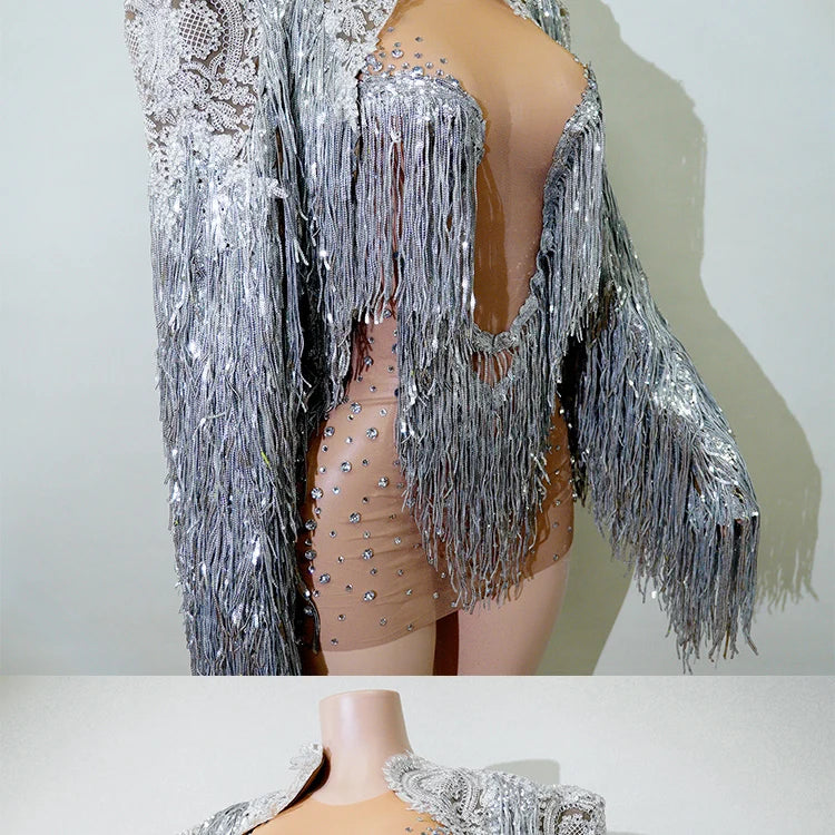 Rhinestone Tassel Fringe Jacket And Dress Costume Set