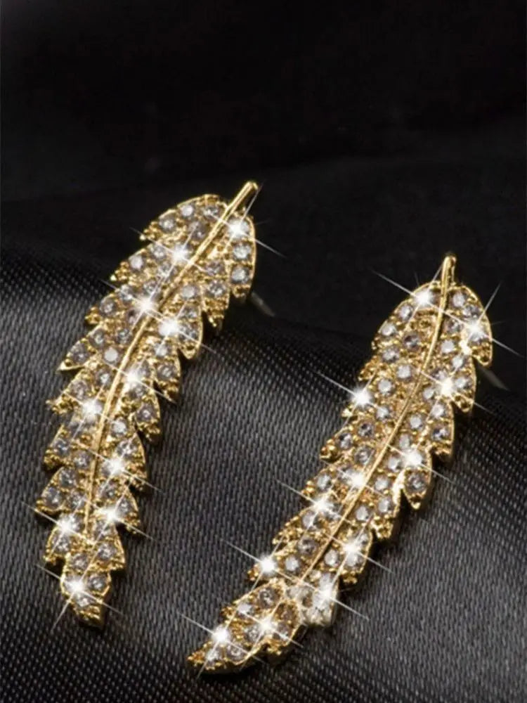 Crystal Leaf Feather Ear Climbers