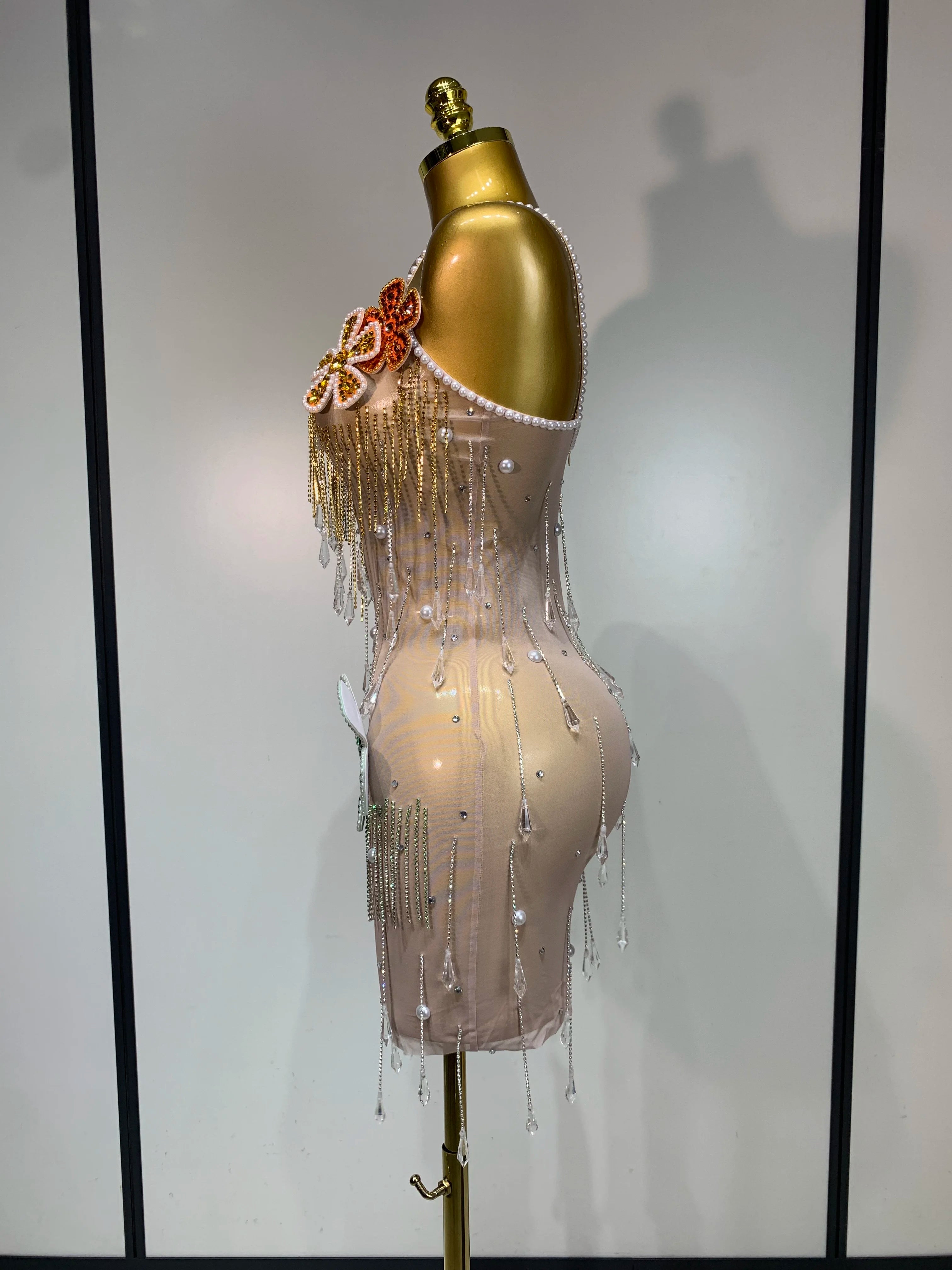 Colorful Rhinestone Pearl Sheer Dress & Two-Piece Mini Skirt Set Celebration Outfit