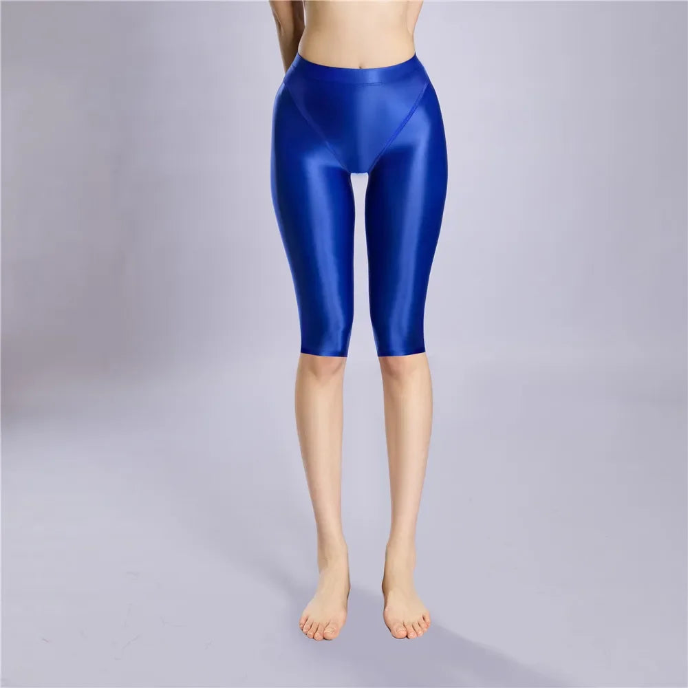 Women Shaping Short Stain Smooth Oil Glossy Shiny Elastic Shorts Sheer See Through Casual Plus Size Tight Yoga Short Maid Pant