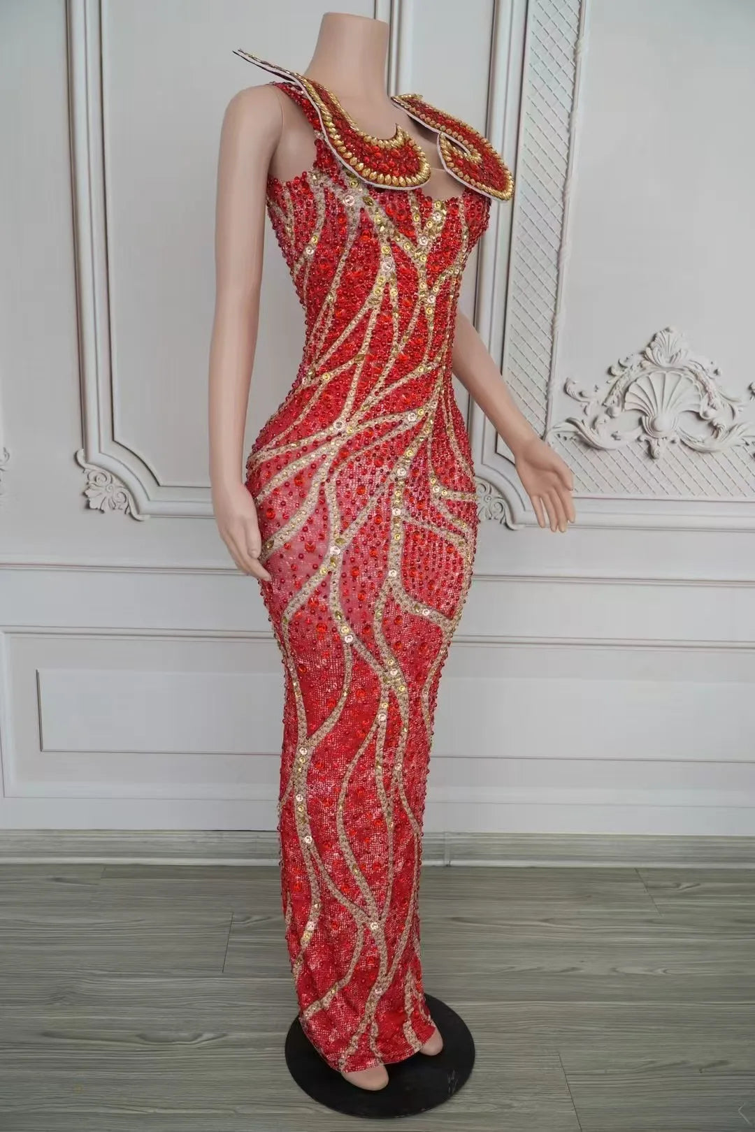 Women's Crystal Diamond Slit Sheath Dress | Luxury Stage & Singer Performance Gown in Black & Red