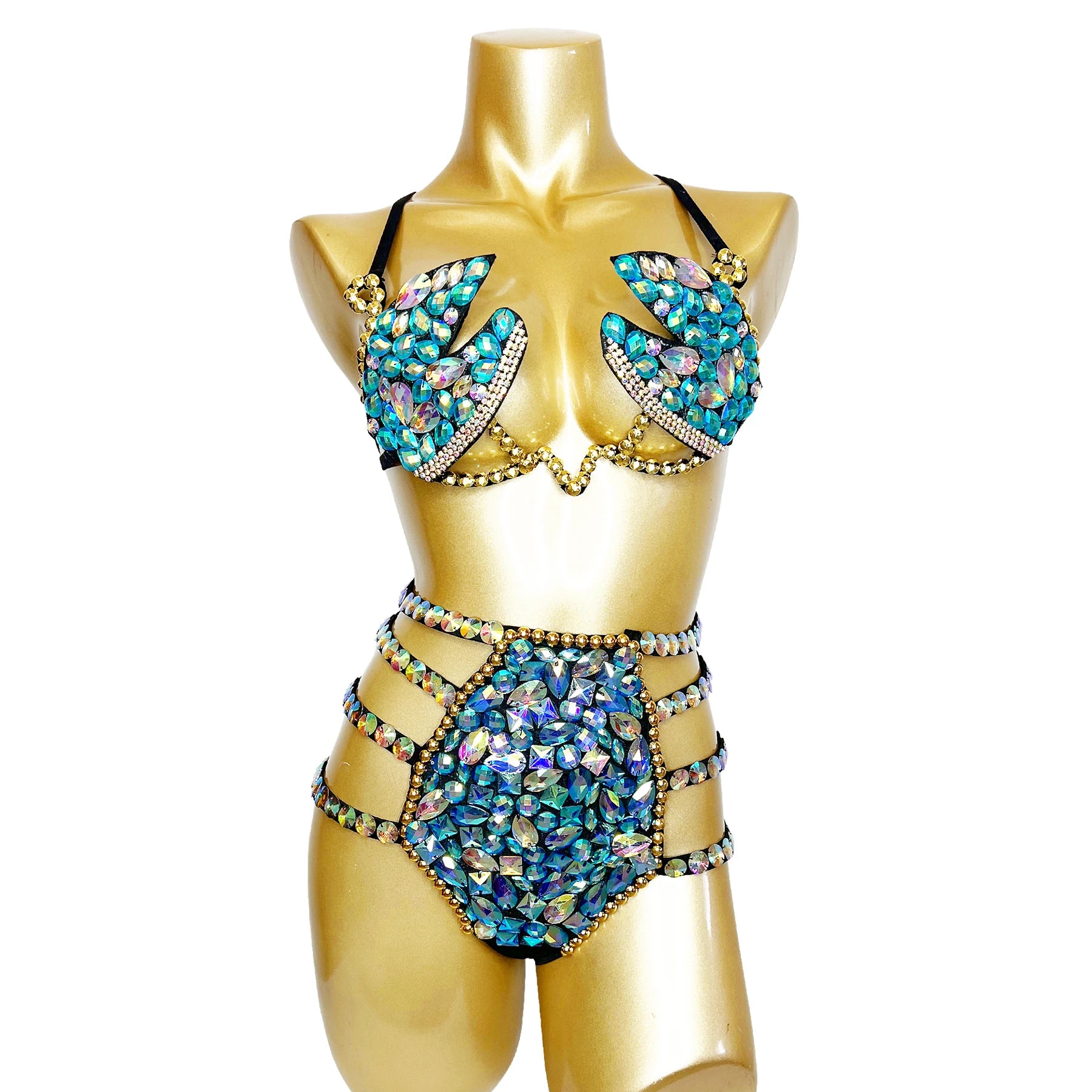 Sparkly Samba Carnival Stone Wire Bra & Bikini Bottom Set Stage Costume