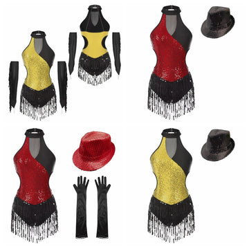 Sequined Fringe Latin Dance & Figure Skating Jumpsuit Leotard Set with Mesh Gloves