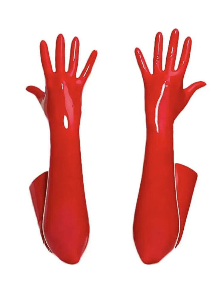 Glossy PU Faux Leather High-Cut Bodysuit, Gloves & Stockings Set