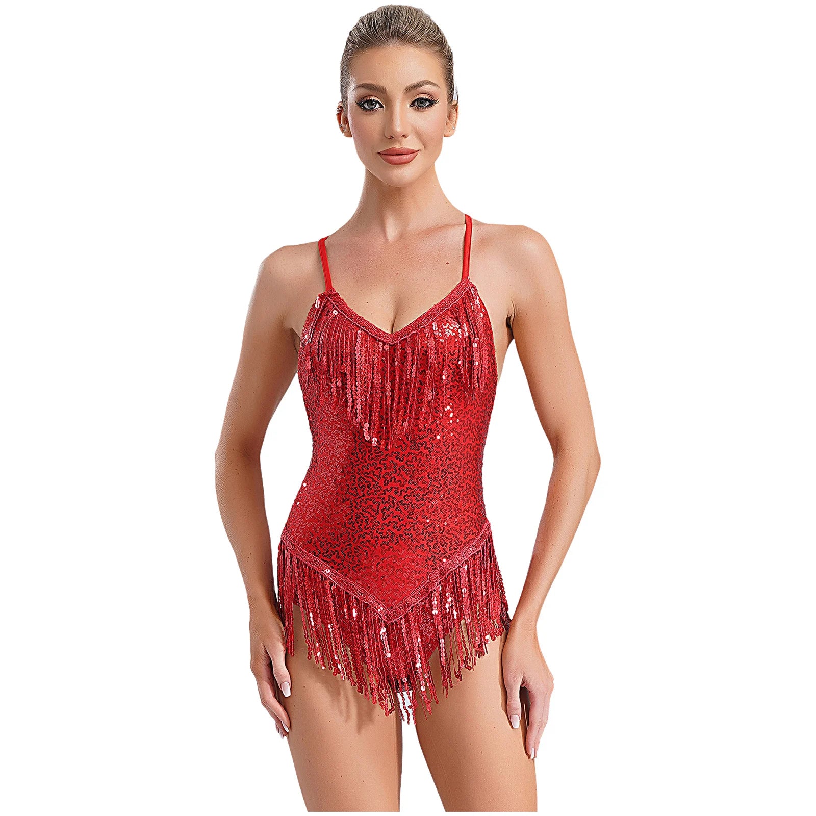 Sequins Fringed Cross Back Latin Dance Leotard Sleeveless V-Neck Bodysuit