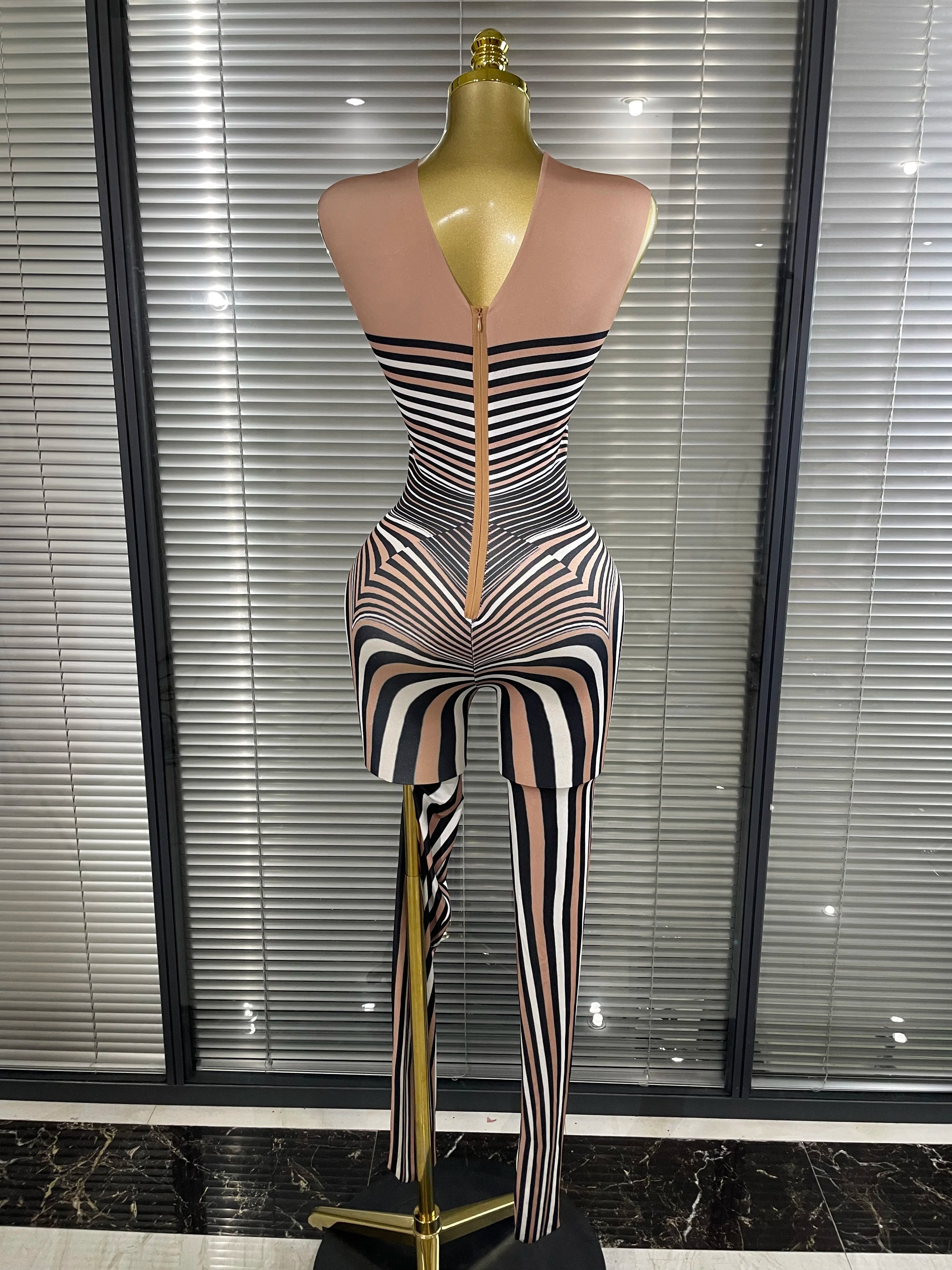 Zebra Print Illusion Catsuit & Feather Wing Bolero Jacket 2-Piece Stage Costume Set