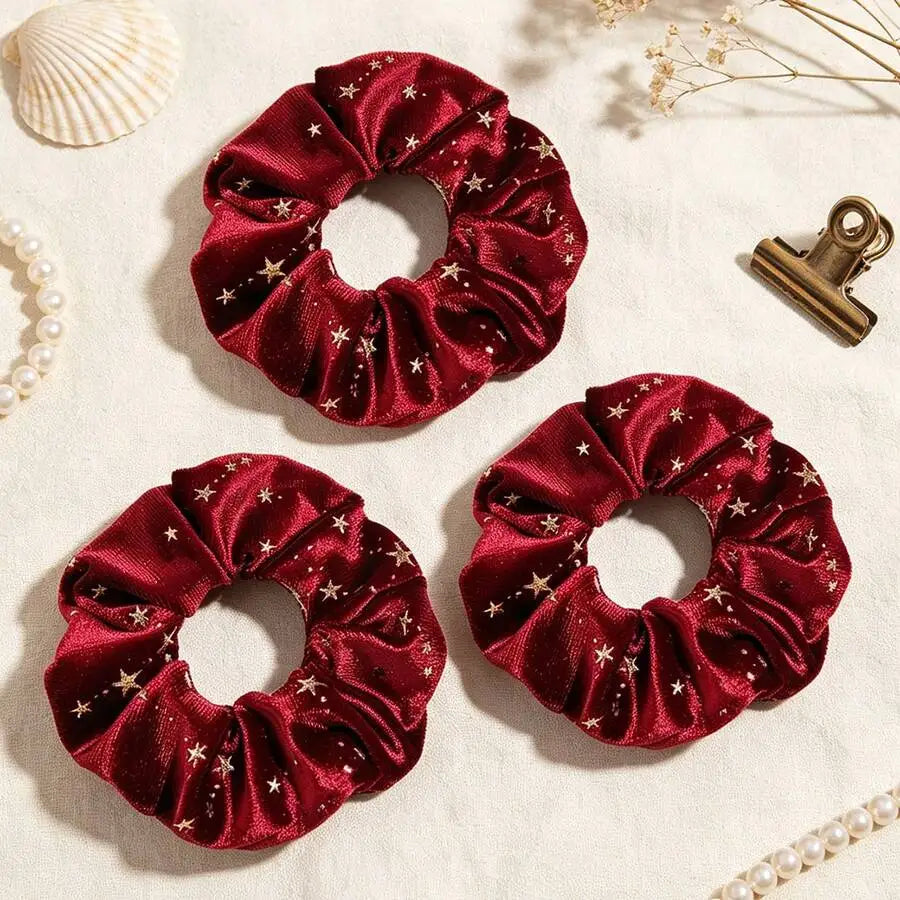 Vintage-Inspired Velvet Gold Star Hair Scrunchies 6-Piece Set