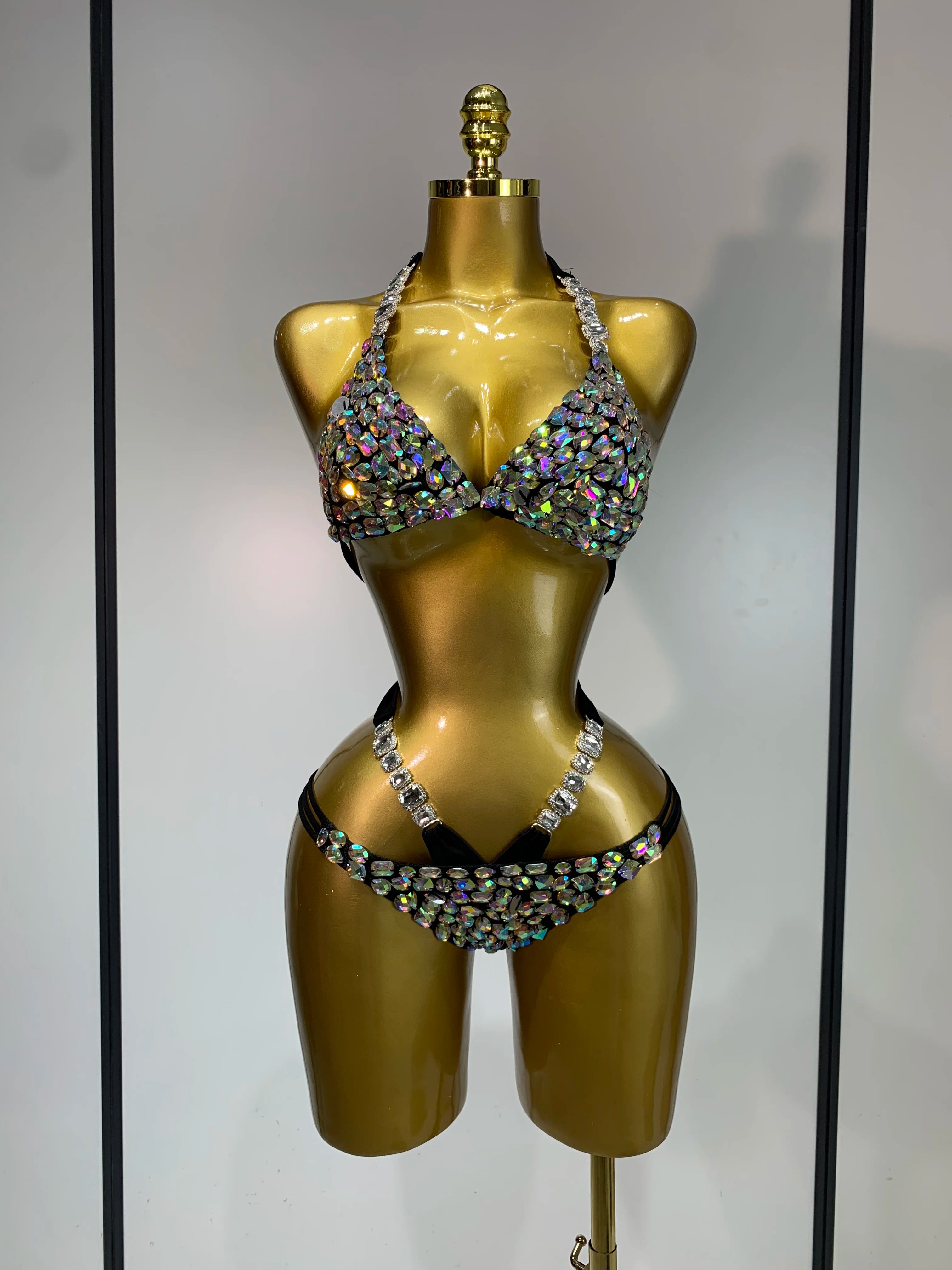 Crystal Diamond Bikini Two-Piece Set Sparkle Stage Performance Outfit