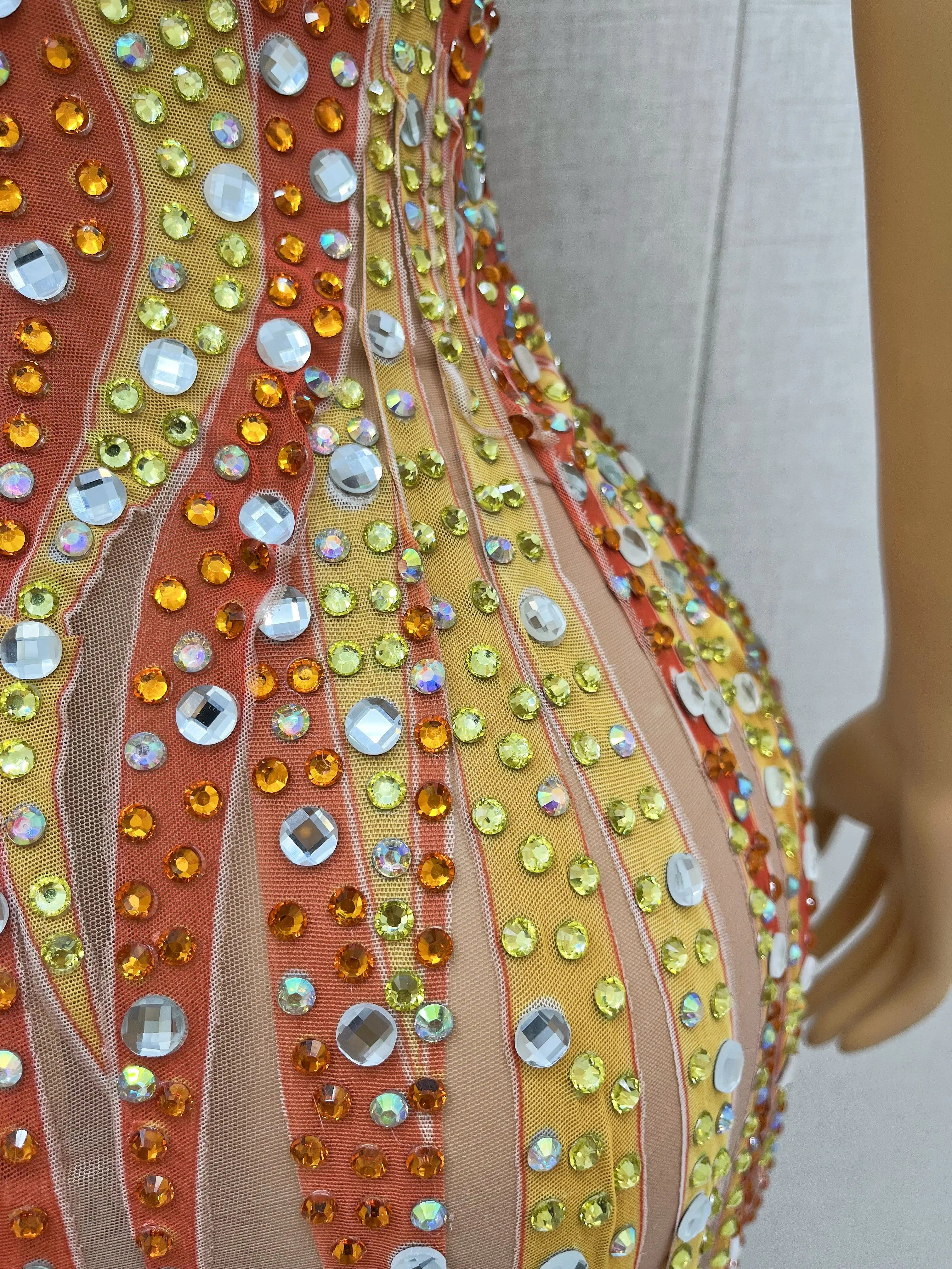 Gold & Amber Beaded Rhinestone Catsuit Illusion Mesh Long-Sleeve Jumpsuit Stage Costume