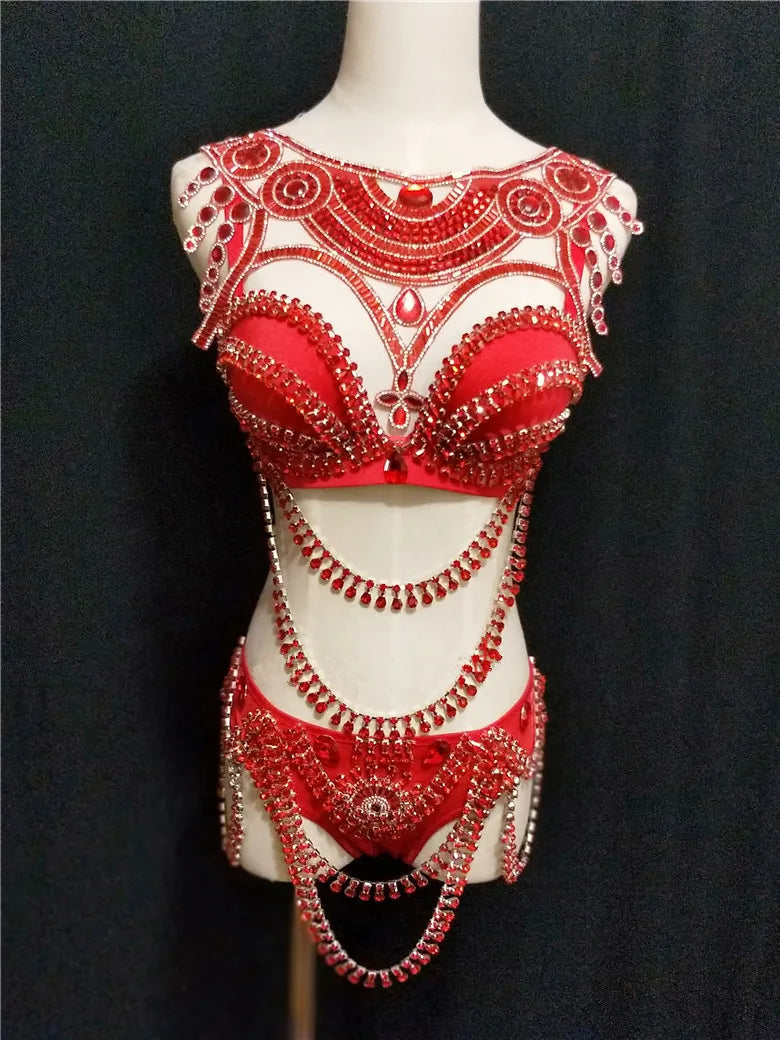 Women's Rhinestone Bikini & Long Trailing Skirt Set | Singer Host Stage Costume for Catwalk & Performance