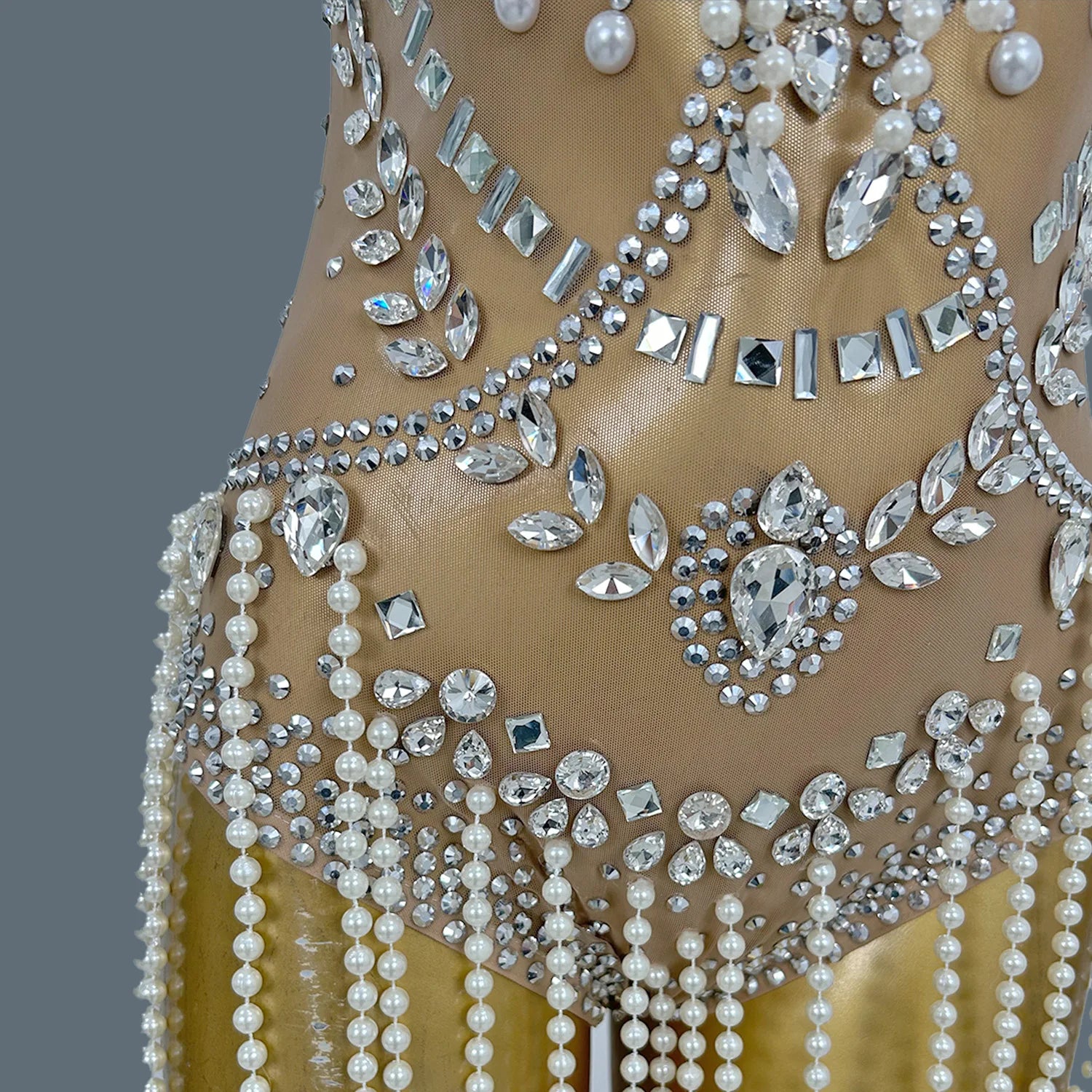 Nude Sheer Mesh Rhinestone Pearl Tassel Bodysuit Stage Performance Leotard