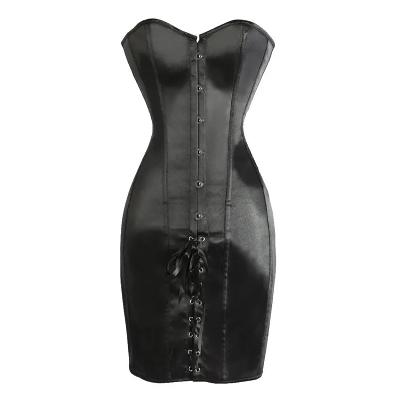 Steampunk PU Leather Overbust Corset Dress & Long Torso Waist Trainer