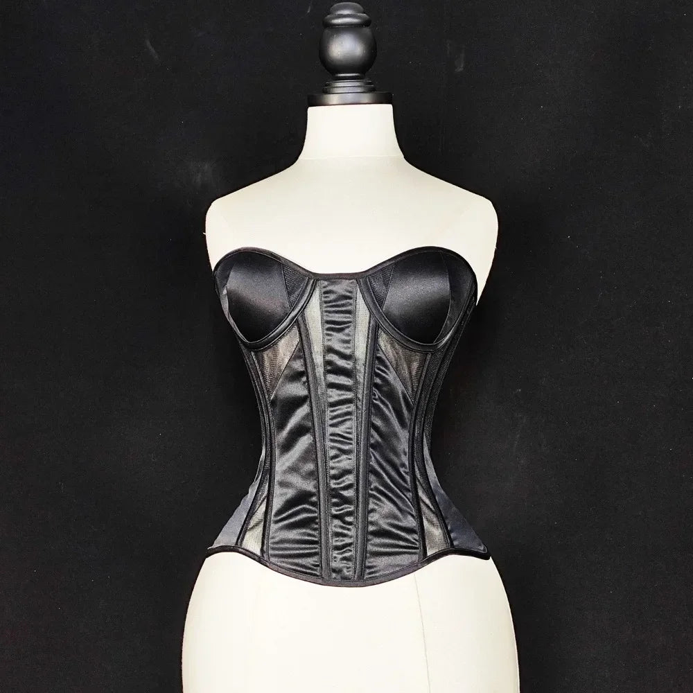Strapless Breathable Mesh Corset Bustier Built-In Bra Boned Waist Cincher Top