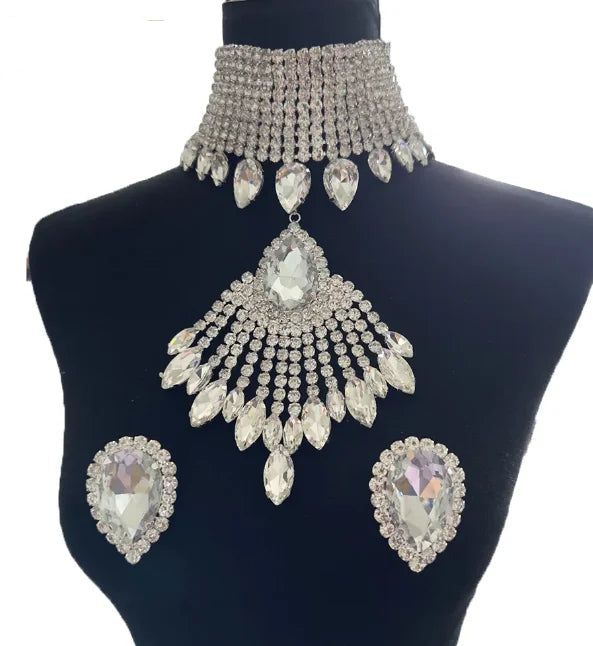 Oversized Crystal Rhinestone Tassel Choker & Earrings Drag Queen Jewelry Set