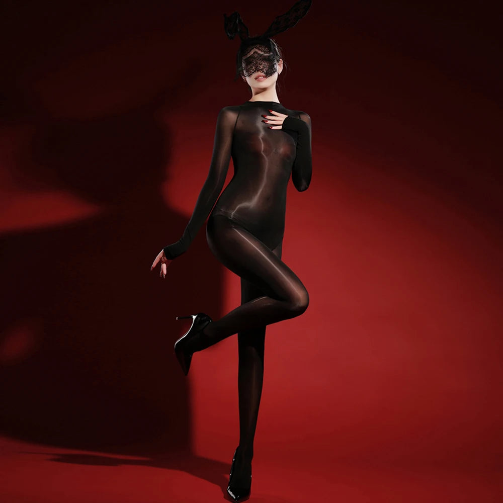Oil Glossy High-Stretch Sheer Full-Length Bodysuit Thong Catsuit Jumpsuit