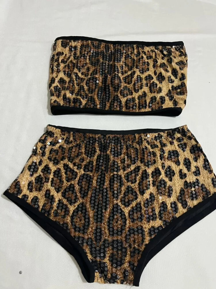 Sequined Top & High-Waist Leopard Print Shorts 2-Piece Gogo Dance Set