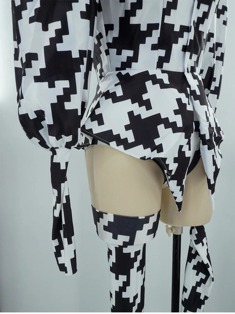 Houndstooth Geometric Print Bodysuit, Over-Knee Boots & Statement Hat 3-Piece Stage Costume Set
