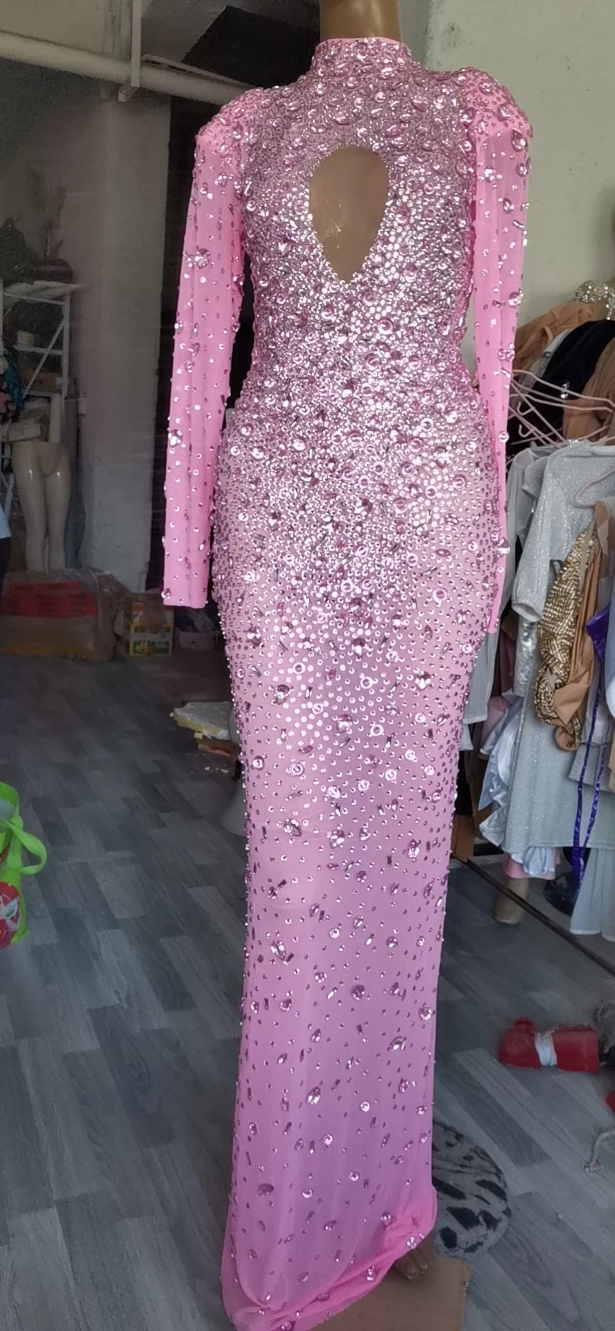 Sparkling Full Crystal Illusion Jumpsuit Long Sleeve Rhinestone Catsuit Stage Wear