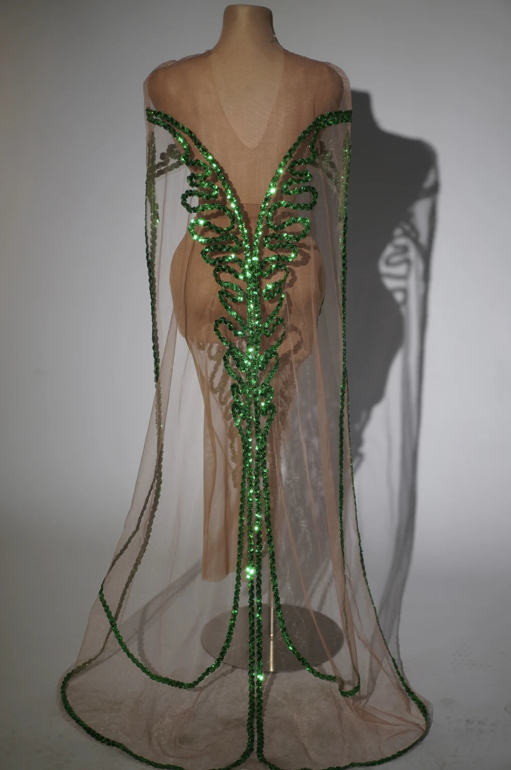 Sparkly Green Sequin Sheer Mesh Evening Gown with Cloak Stage Performance Costume