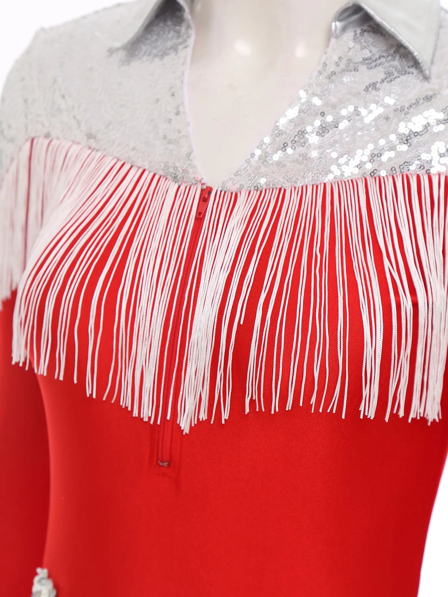 Western Cowgirl Sequin Fringe Long Sleeve Bodysuit Disco Dancewear Romper
