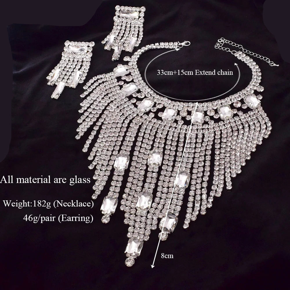 Rhinestone Tassel Earring & Necklace Jewelry Set