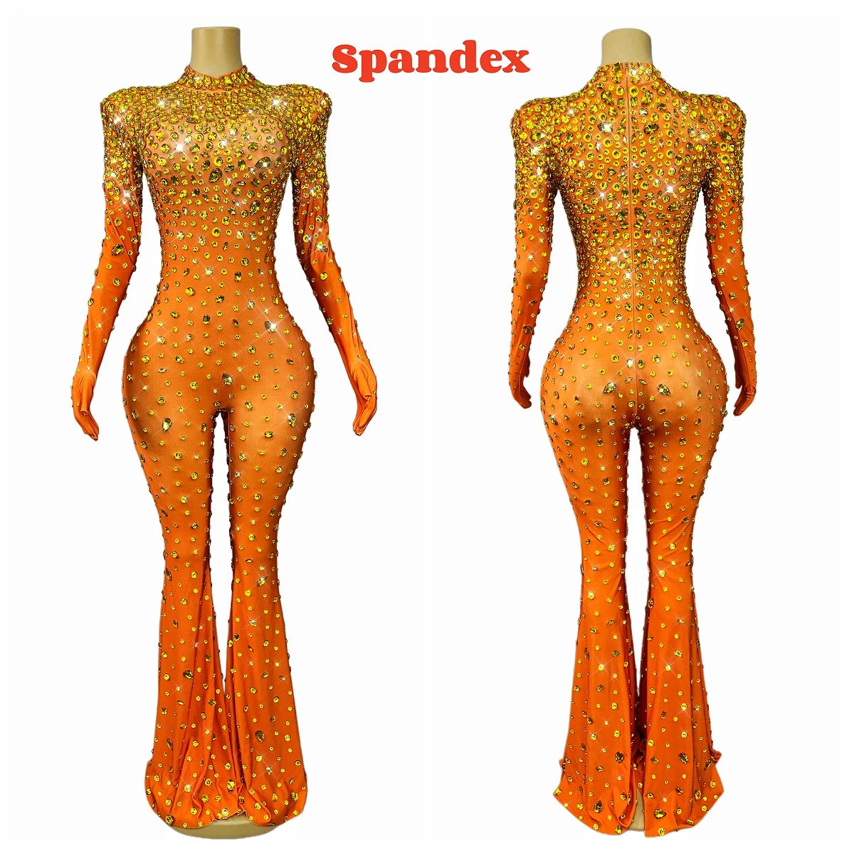 High Grade Sparkly Rhinestones Bell-Bottoms Jumpsuit Cocktail Party Fashion Show Singer Dancer Performance Costume