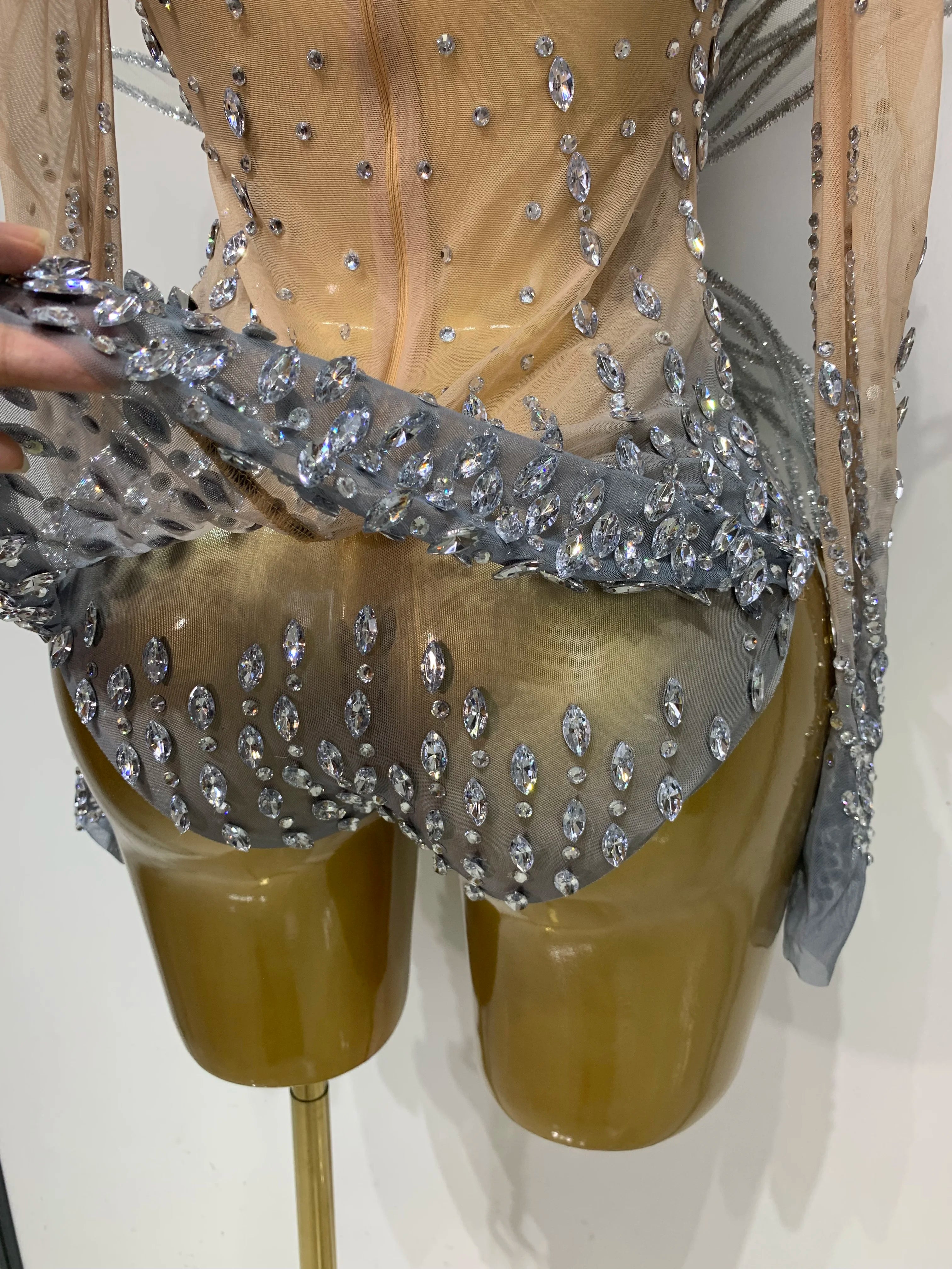 Luxury Shining Diamond See-Through Mesh Bodysuit Stage Performance Jumpsuit
