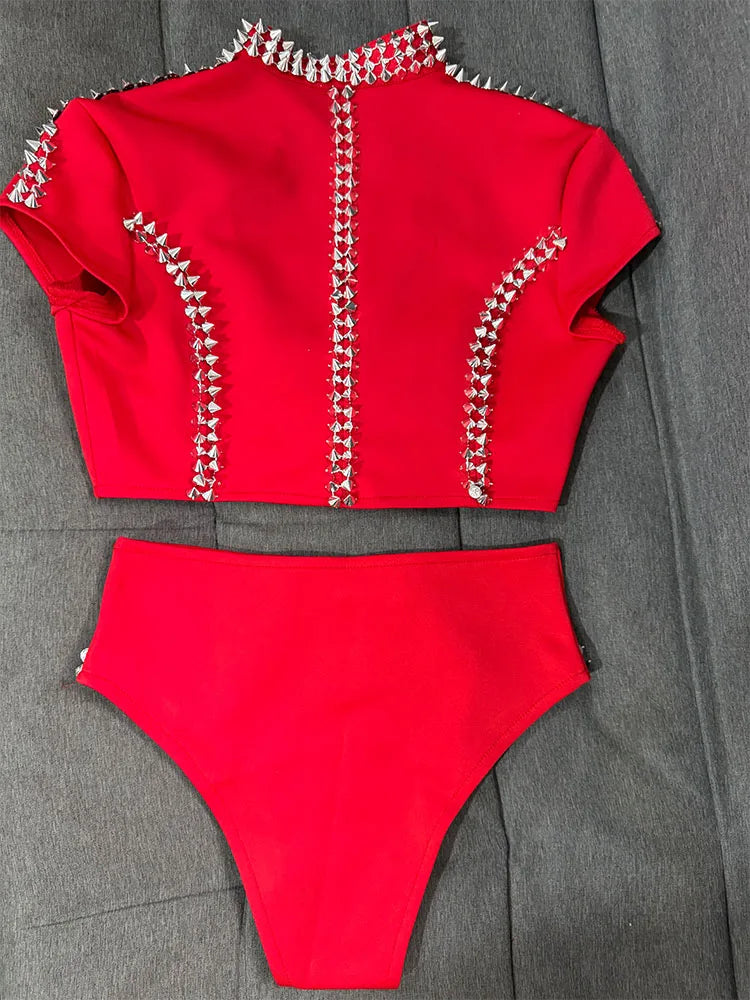 Sparkly Red Rhinestone Top & Shorts Set Gogo Showgirl Performance Outfit