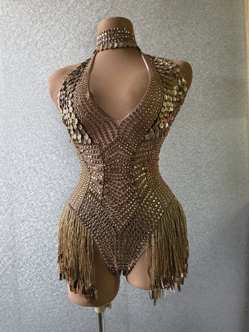 Gold Sparkly Rhinestone & Sequin Deep V-Neck Leotard Stage Performance Costume