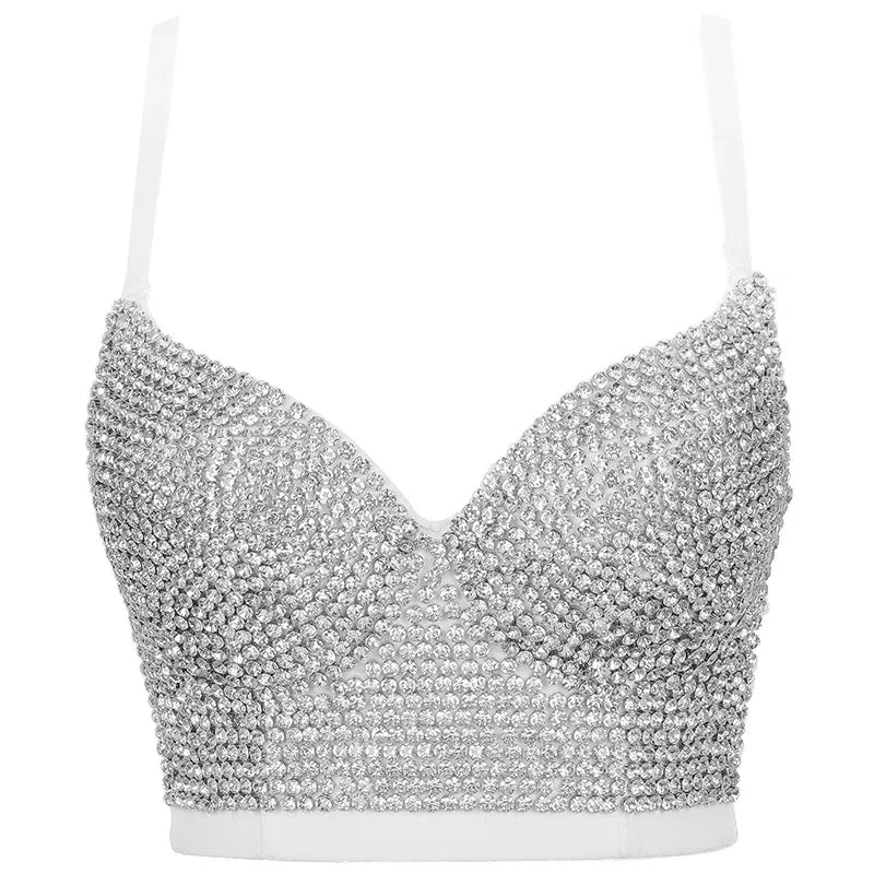 Sparkly Diamond Rhinestone Corset Top Showgirl Stage Performance Push-Up Bustier