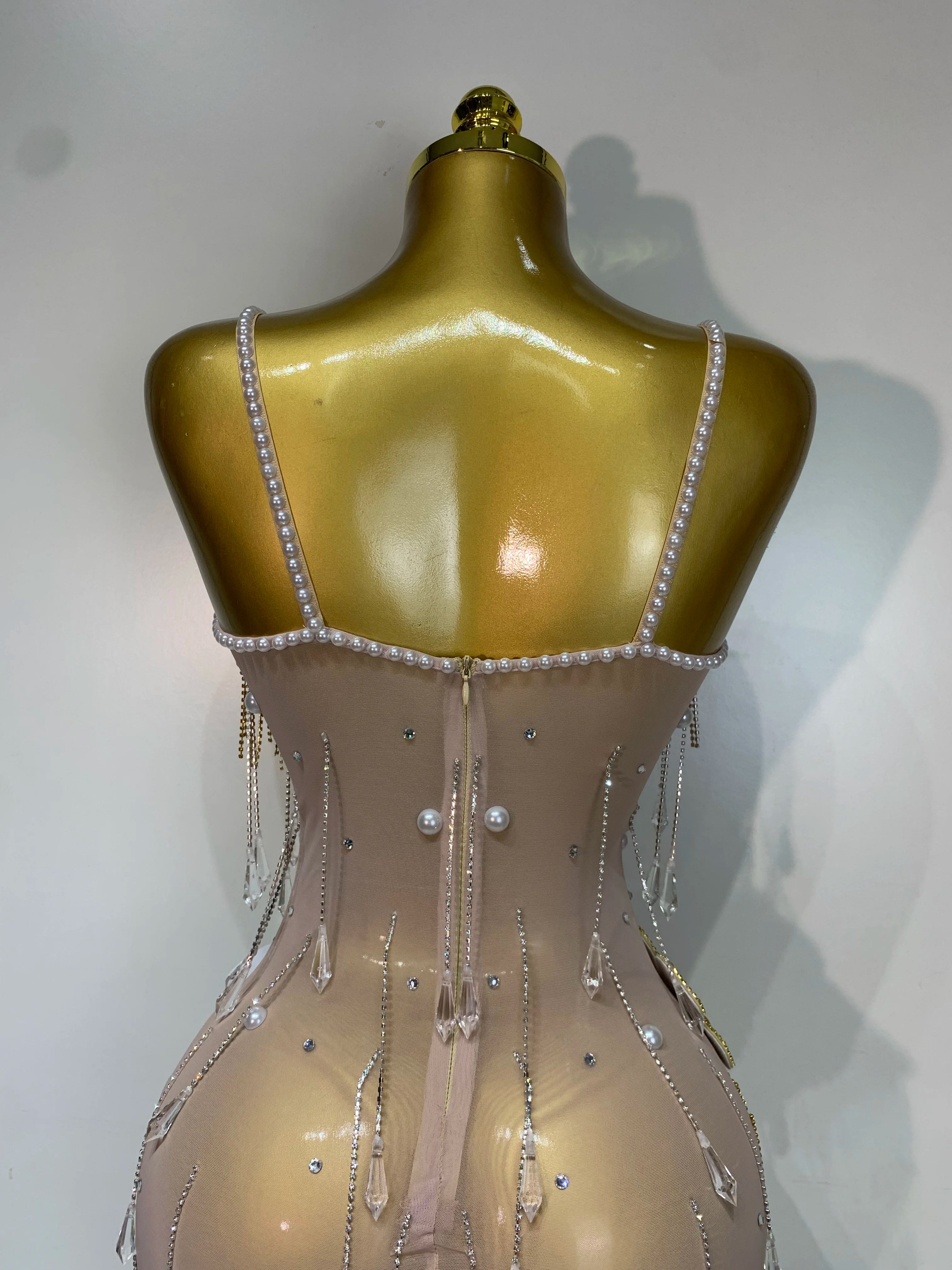 Colorful Rhinestone Pearl Sheer Dress & Two-Piece Mini Skirt Set Celebration Outfit