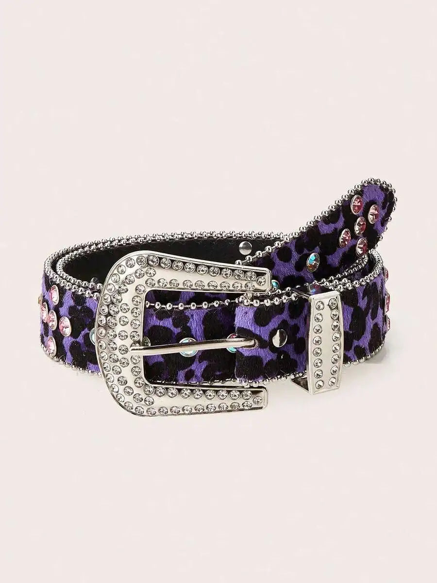 Rhinestone Embellished Animal Print PU Leather Belt