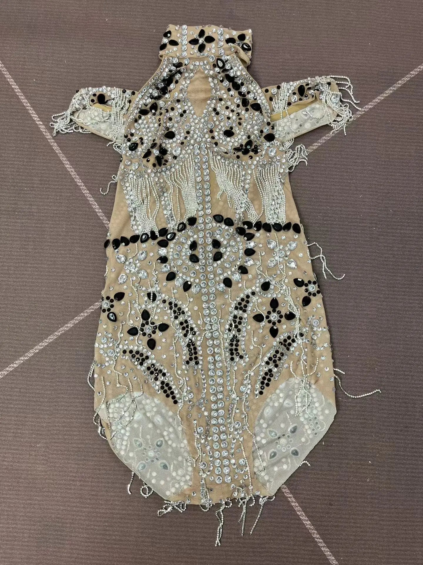 Luxury Rhinestone Sheer Mesh Bodysuit Drag Queen Stage Costume Leotard