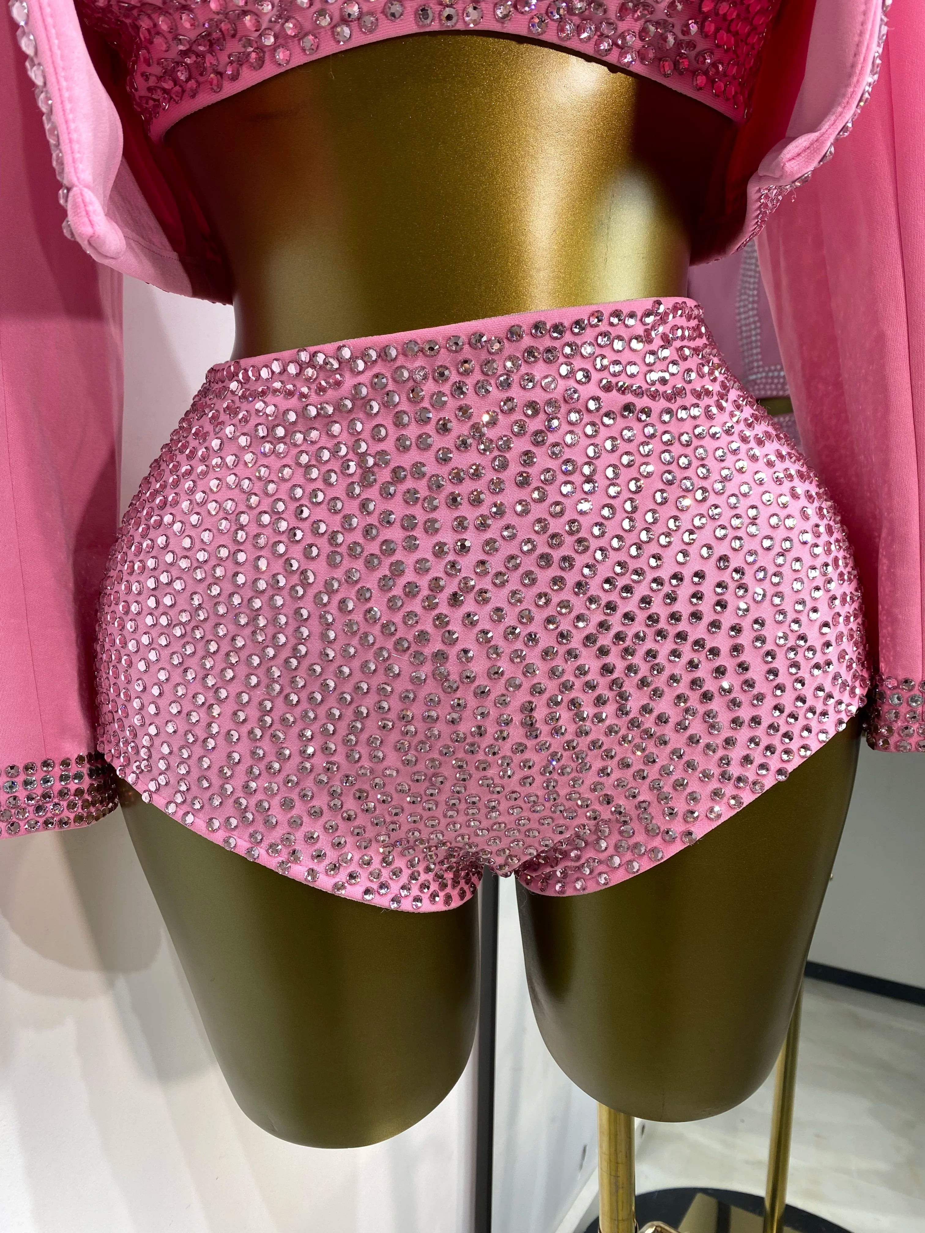 Rhinestone Bustier, High-Waist Mini Shorts & Cropped Jacket 3-Piece Performance Costume Set
