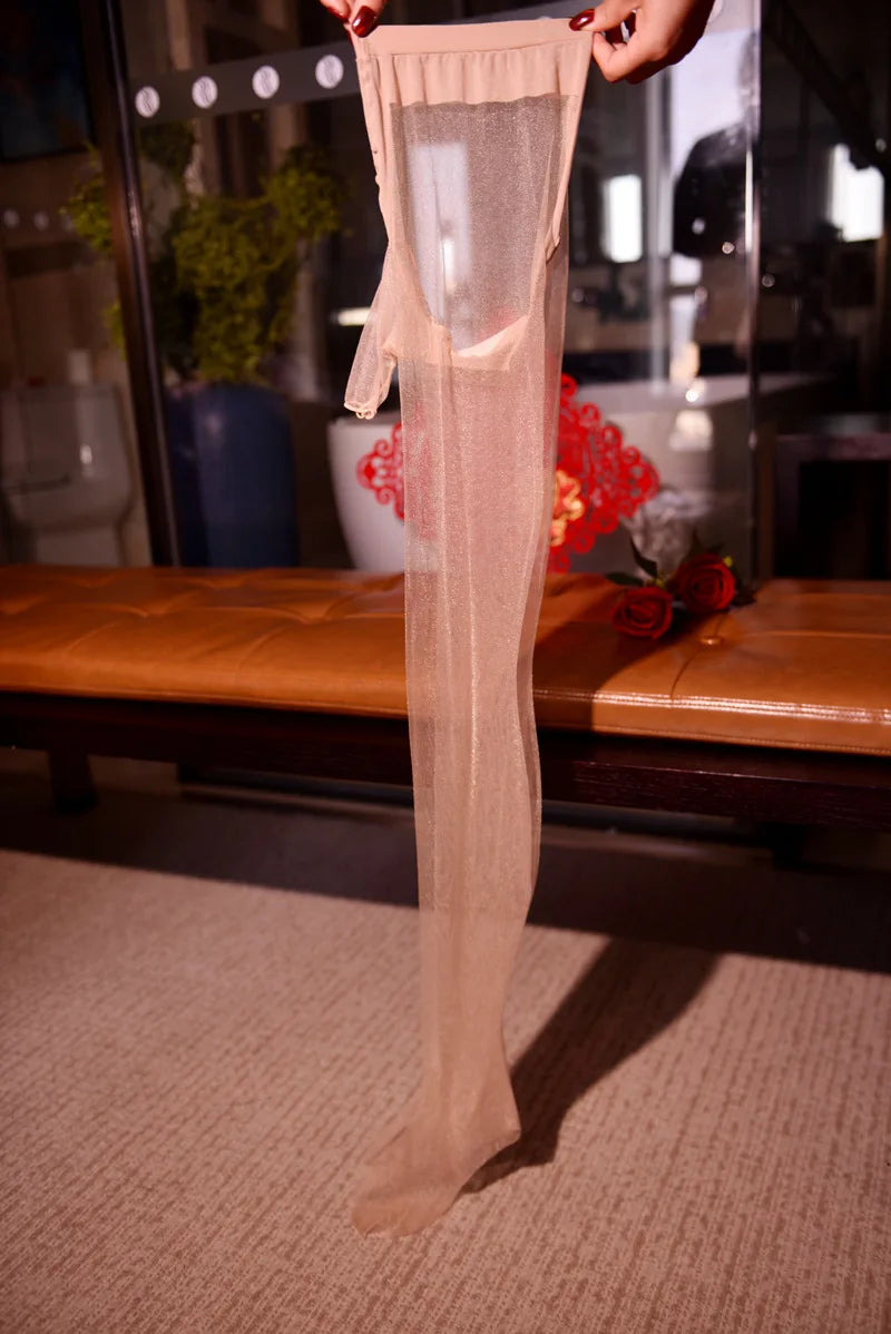 Sexy Men Oil Gloosy See Through U Convex Pouch Stockings Penis Open Close Sleeve Stockings Sheer Shiny Pantyhose Tight Plus Size