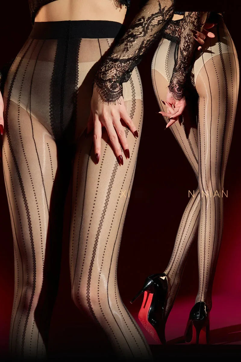 Striped Oil Glossy Sheer High-Waist Shaping Pantyhose Shiny Dance Tights