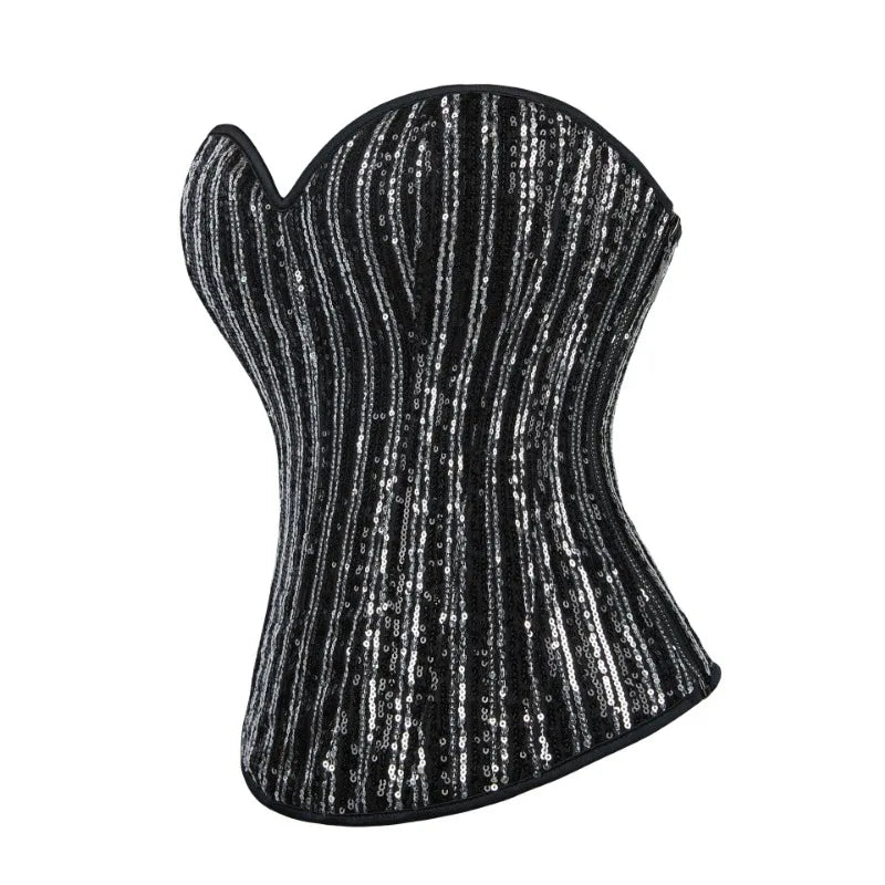 Sequined Striped Overbust Corset Top Lace-Up Plastic Boned Burlesque Bustier