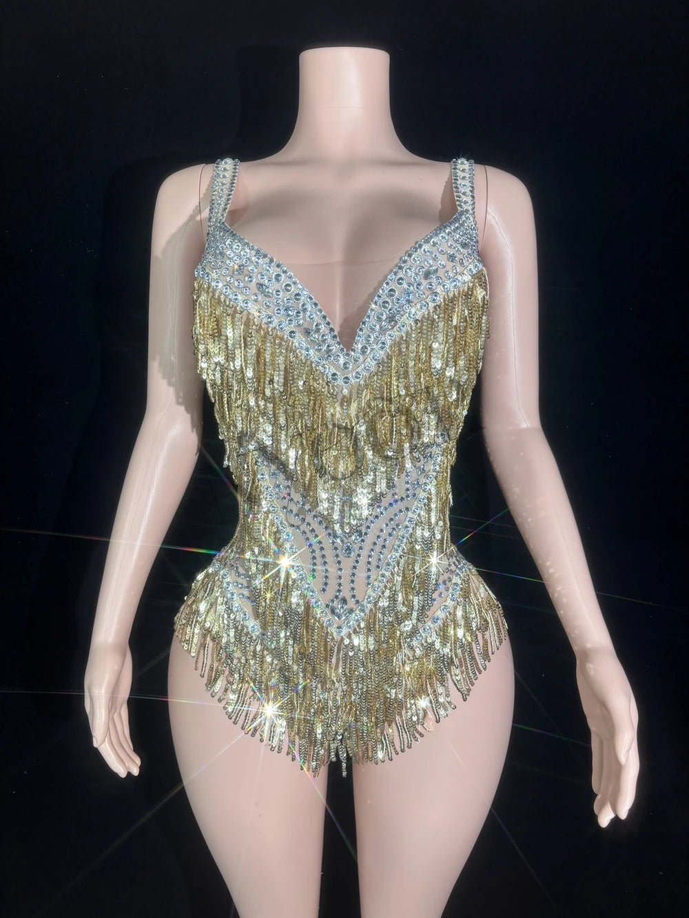 The Stardust Illusion Tassel Bodysuit – Luxury Rhinestone Long-Sleeve Showgirl Costume