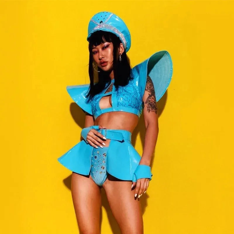 Sky Blue Armor Crop Top, Flared Skirt, Hat & Wrist Cuffs 4-Piece Stage Costume Set