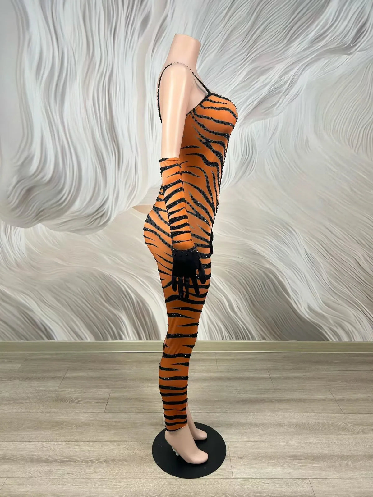 Women's Tiger Stripe Strapless Bodycon Jumpsuit | Sexy Stage Costume for Club, Festival & Halloween