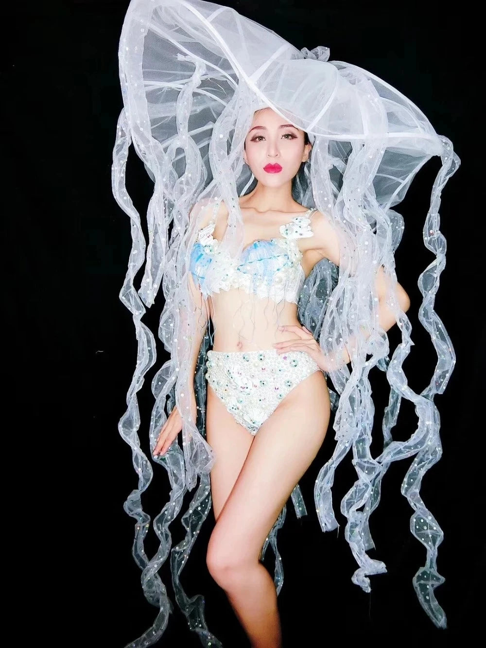 Pearl & Crystal Bustier Bikini Set & LED Illuminated Jellyfish Tentacle Headdress Stage Costume