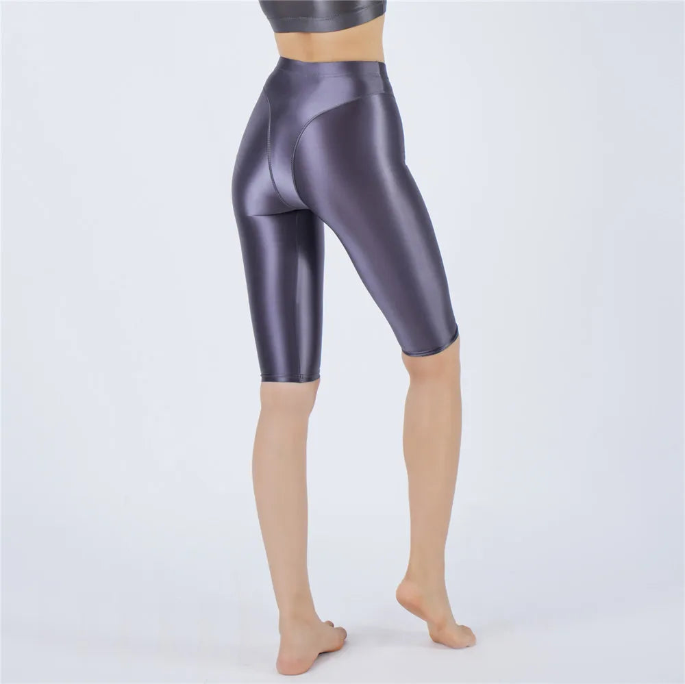 Oil Glossy High-Stretch Knee-Length Shorts Satin Shine Performance Biker Shorts
