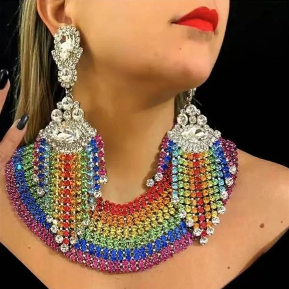 Rainbow Rhinestone Fringe Drop Earrings