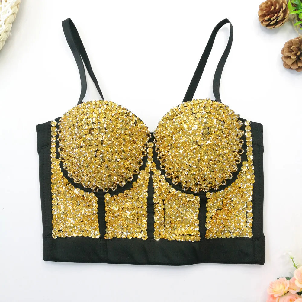 Gold Beaded Sequin Embroidery Bustier Corset Crop Top Party Bralette