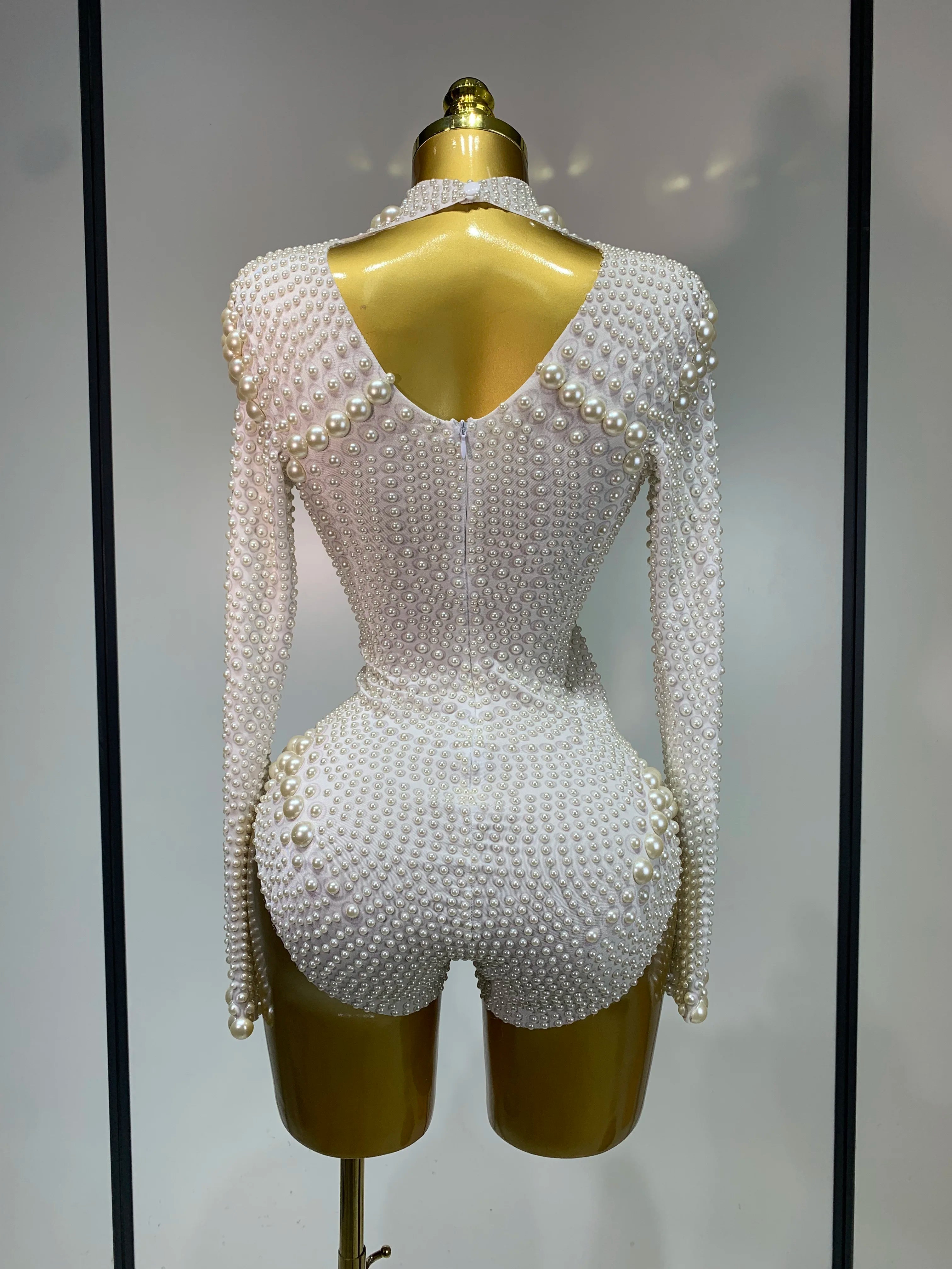 Luxury Pearl Long Sleeve Spandex Stretch Bodysuit Evening Stage Performance Costume