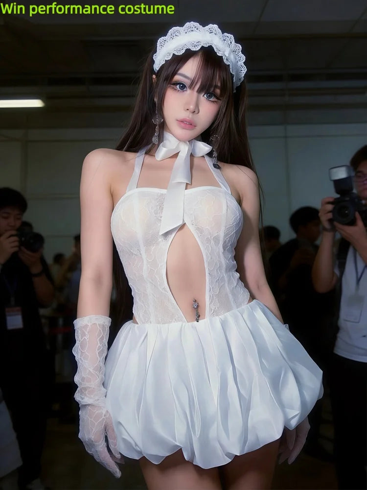 Ivory Floral Lace Cutout Bubble Romper Dress Sexy Stage Performance Costume Set