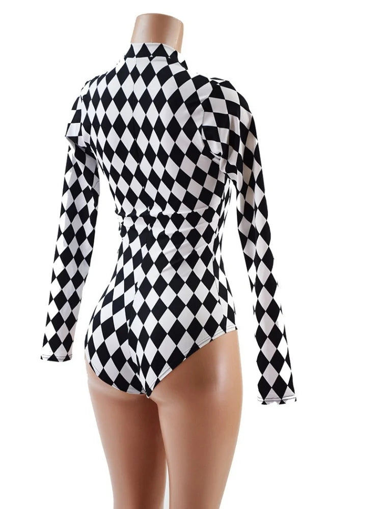 Harlequin Check Long Sleeve Cutout Bodysuit Sexy Circus Clown Stage Dance Bodysuit