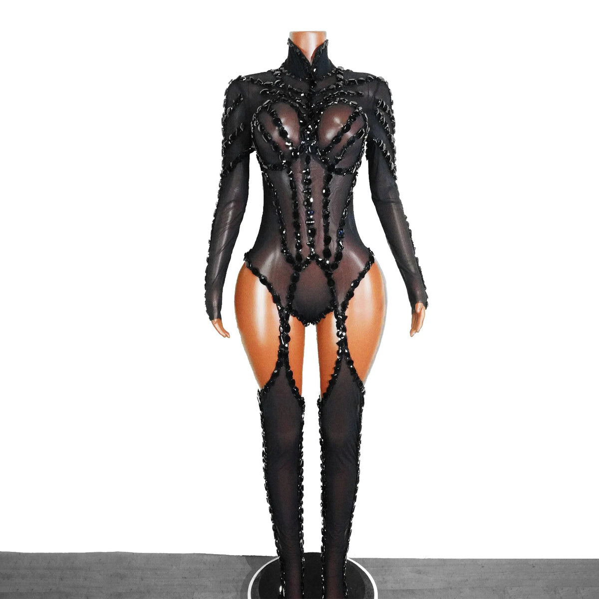 Rhinestone Mesh Jumpsuit Costume Set